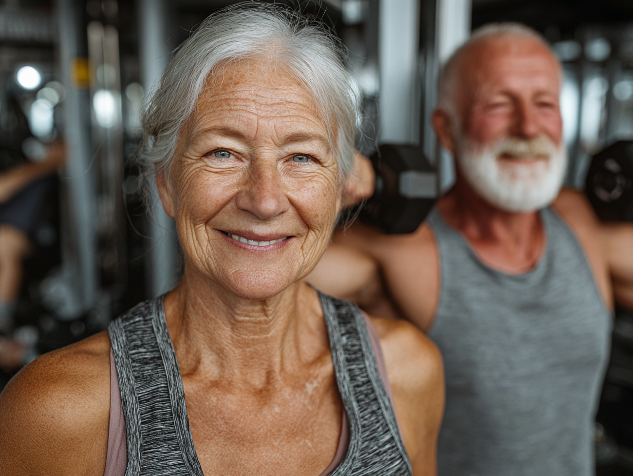 Група активних людей старшого віку займається м'якою йогою на природі
